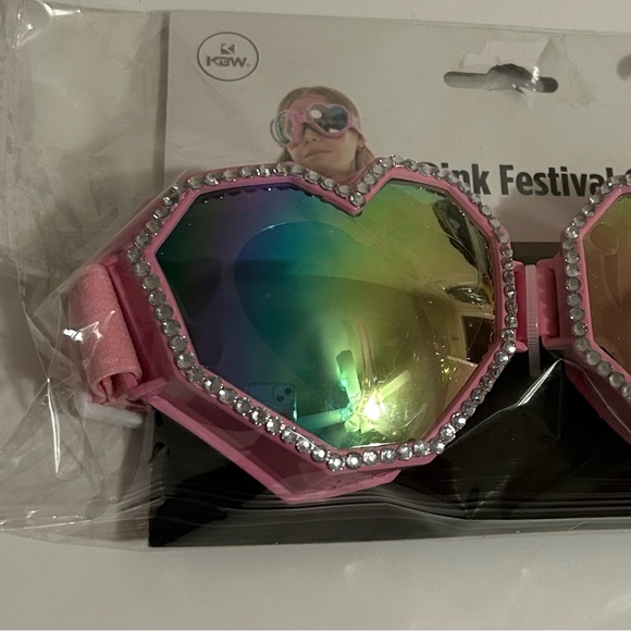 Pink Rhinestone Heart Shaped Adjustable Elastic Strap Festival Fashion Goggles - Picture 2 of 5